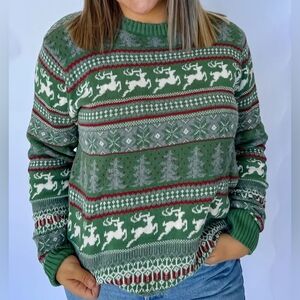 Festive Green Reindeer Knit Sweater
